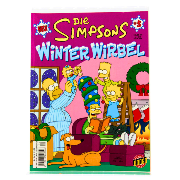 Cover des Simpsons Comic Winter-Wirbel Nr. 5 mit Homer, Bart und Lisa im winterlichen Springfield  Vorderseite des Simpsons Comic Winter-Wirbel Nr. 5, deutscher Panini-Comic